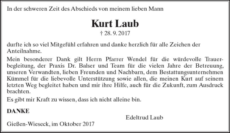  Traueranzeige für Kurt Laub vom 21.10.2017 aus  Gießener Anzeiger
