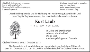 Traueranzeige von Kurt Laub von  Gießener Anzeiger