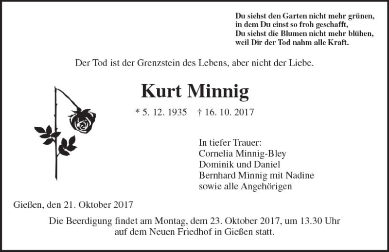  Traueranzeige für Kurt Minnig vom 21.10.2017 aus  Gießener Anzeiger