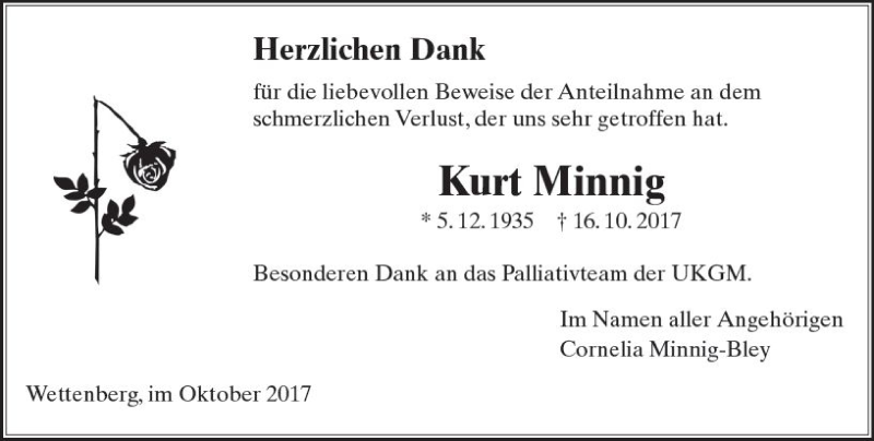 Traueranzeige für Kurt Minnig vom 28.10.2017 aus  Gießener Anzeiger