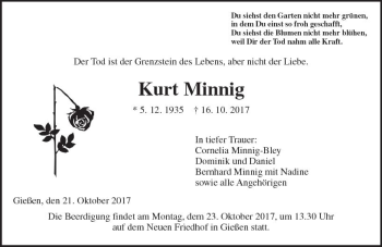 Traueranzeige von Kurt Minnig von  Gießener Anzeiger