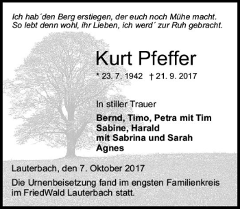 Traueranzeige von Kurt Pfeffer von VRM Trauer