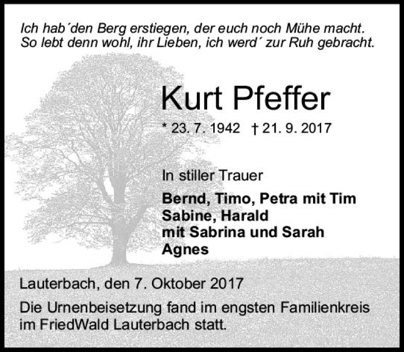  Traueranzeige für Kurt Pfeffer vom 07.10.2017 aus VRM Trauer