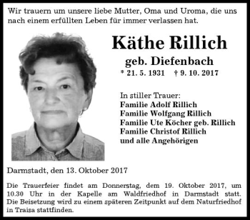 Traueranzeige von Käthe Rillich von Trauerportal Echo Online