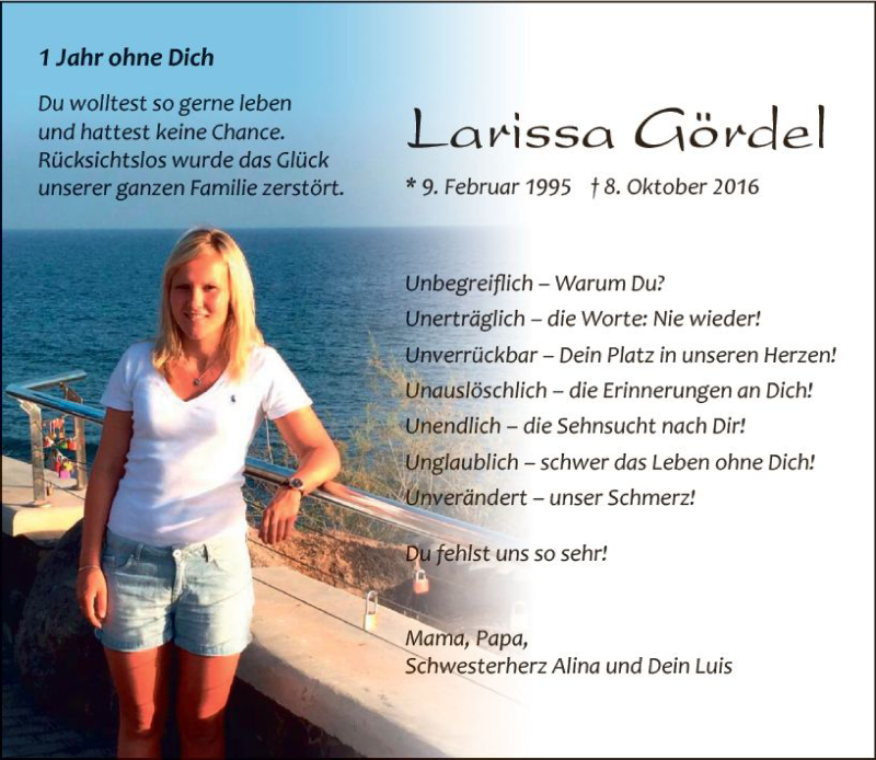  Traueranzeige für Larissa Gördel vom 07.10.2017 aus Trauerportal Echo Online