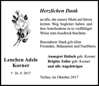 Traueranzeige von Lenchen Adele Korner von Trauerportal Rhein Main Presse