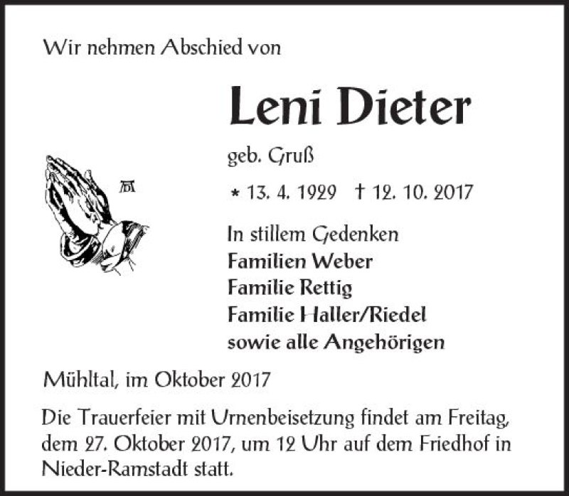  Traueranzeige für Leni Dieter vom 21.10.2017 aus Trauerportal Echo Online