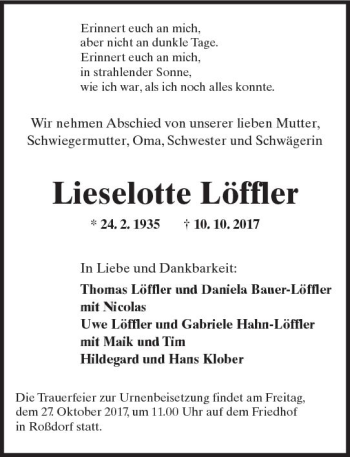 Traueranzeige von Lieselotte Löffler von Trauerportal Echo Online