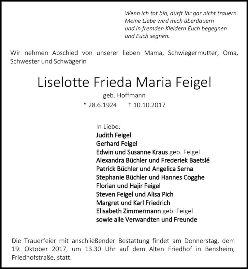  Traueranzeige für Liselotte Frieda Maria Feigel vom 14.10.2017 aus Trauerportal Echo Online