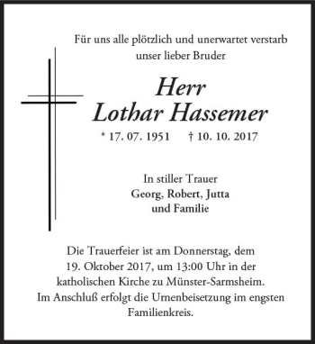 Traueranzeige von Lothar Hassemer von Trauerportal Rhein Main Presse