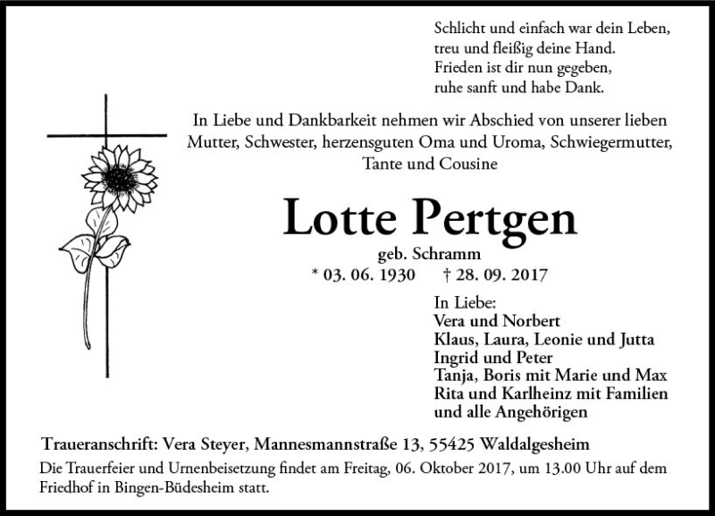  Traueranzeige für Lotte Pertgen vom 02.10.2017 aus Trauerportal Rhein Main Presse