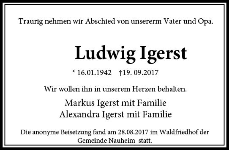  Traueranzeige für Ludwig Igerst vom 07.10.2017 aus Trauerportal Rhein Main Presse