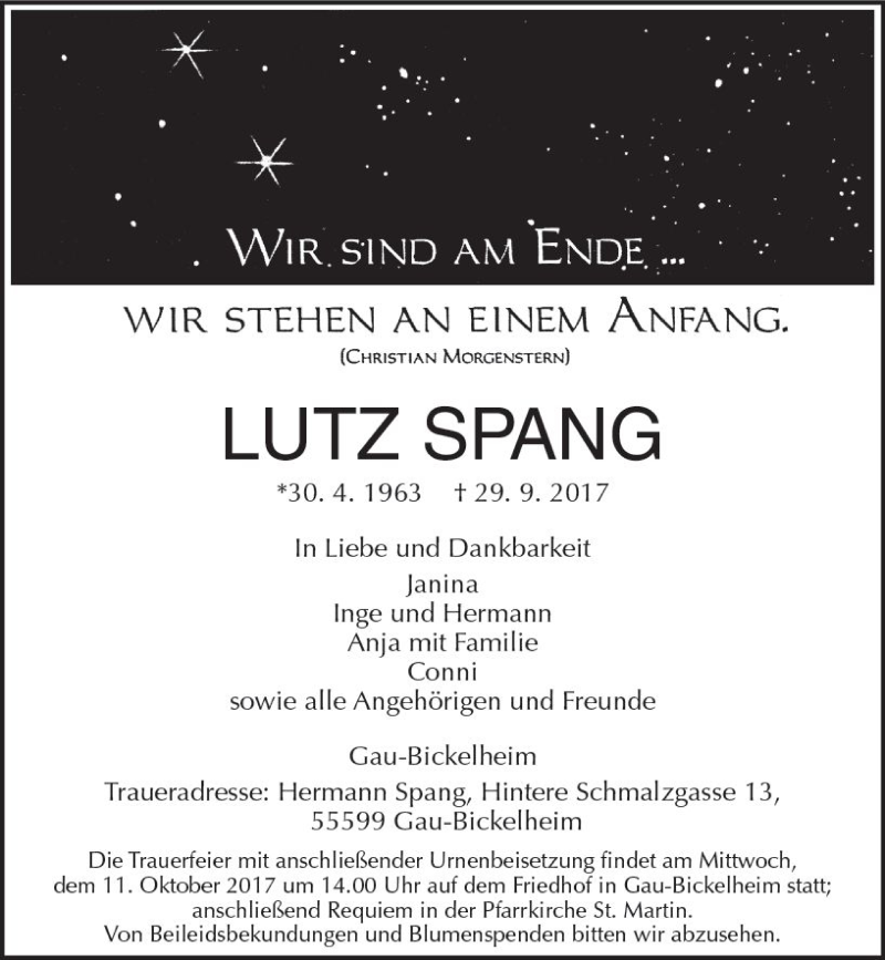  Traueranzeige für Lutz Spang vom 07.10.2017 aus Trauerportal Rhein Main Presse