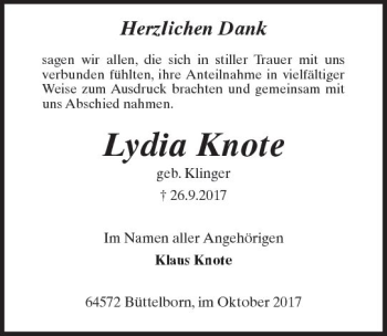 Traueranzeige von Lydia Knote von Trauerportal Echo Online