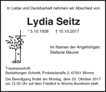 Traueranzeige von Lydia Seitz von Trauerportal Rhein Main Presse