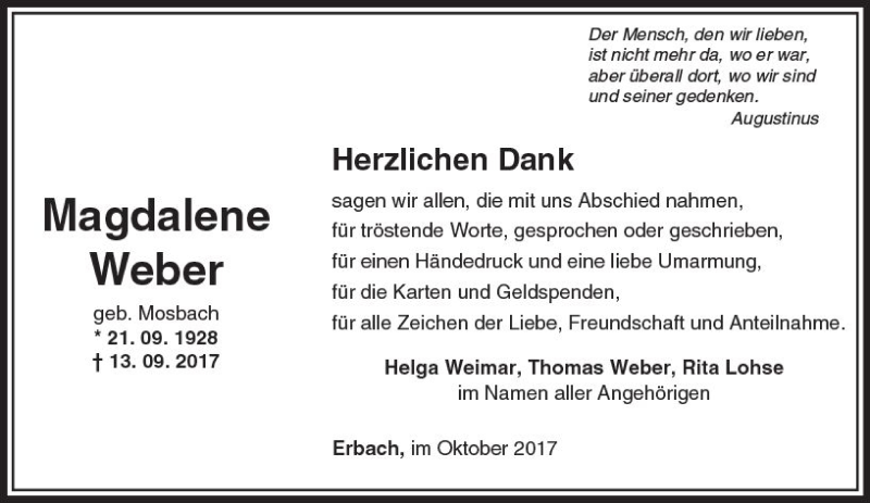  Traueranzeige für Magdalene Weber vom 05.10.2017 aus  Camberger Anzeiger