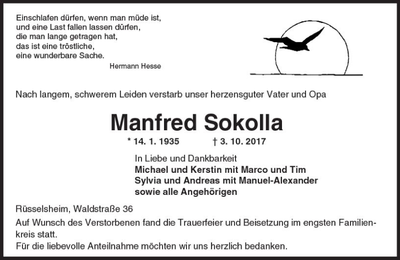  Traueranzeige für Manfred Sokolla vom 14.10.2017 aus Trauerportal Rhein Main Presse