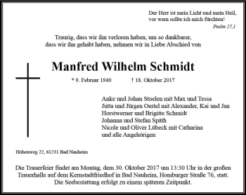 Traueranzeige von Manfred Wilhelm Schmidt von  Usinger Anzeiger