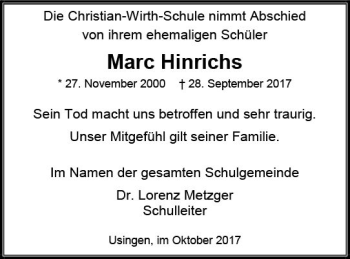 Traueranzeige von Marc Hinrichs von  Usinger Anzeiger