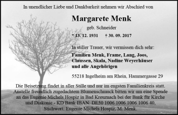 Traueranzeige von Margarete Menk von Trauerportal Rhein Main Presse