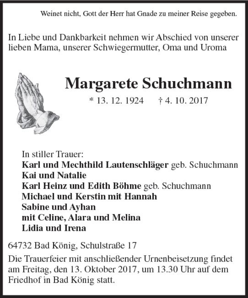  Traueranzeige für Margarete Schuchmann vom 11.10.2017 aus Trauerportal Echo Online