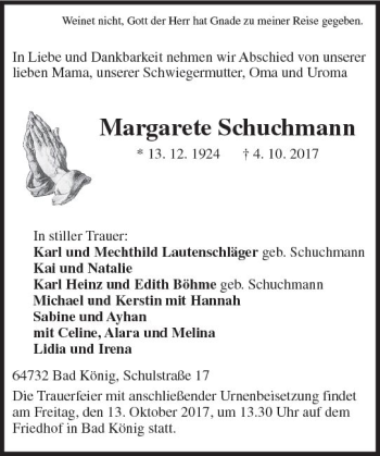 Traueranzeige von Margarete Schuchmann von Trauerportal Echo Online