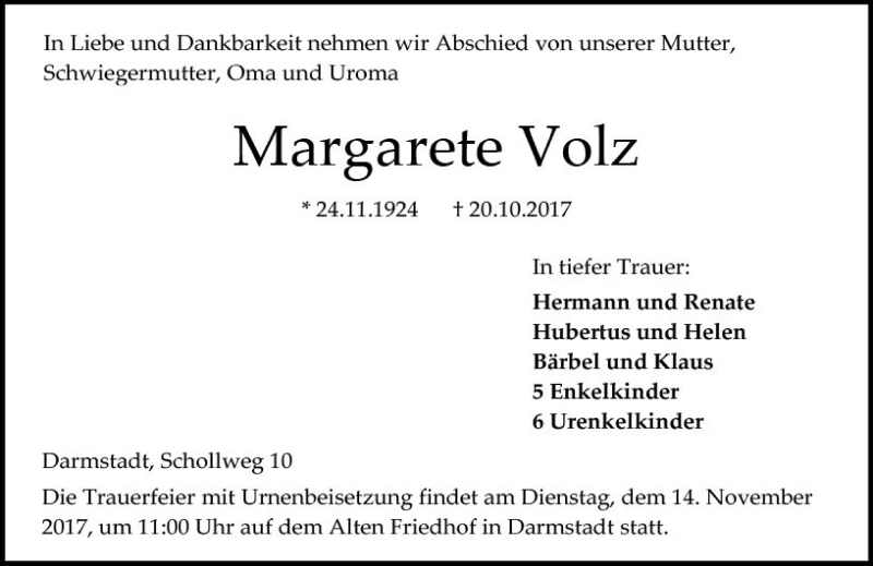  Traueranzeige für Margarete Volz vom 28.10.2017 aus Trauerportal Echo Online