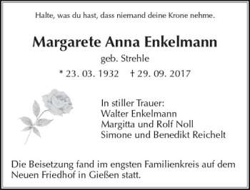 Traueranzeige von Margarete Anna Enkelmann von  Gießener Anzeiger