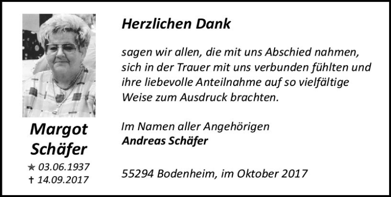  Traueranzeige für Margot Schäfer vom 14.10.2017 aus Trauerportal Rhein Main Presse