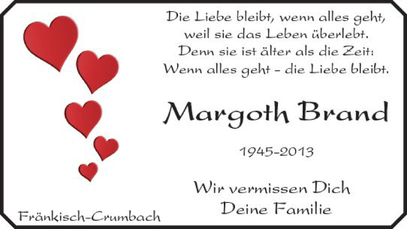  Traueranzeige für Margoth Brand vom 10.10.2017 aus Trauerportal Rhein Main Presse
