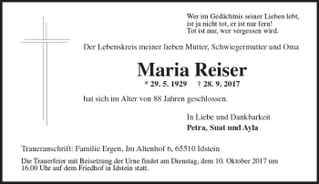 Traueranzeige von Maria Reiser von Trauerportal Rhein Main Presse