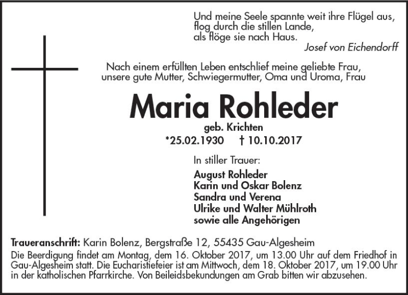  Traueranzeige für Maria Rohleder vom 14.10.2017 aus Trauerportal Rhein Main Presse
