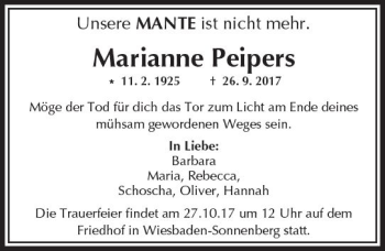 Traueranzeige von Marianne Peipers von Trauerportal Rhein Main Presse