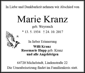 Traueranzeige von Marie Kranz von Trauerportal Echo Online
