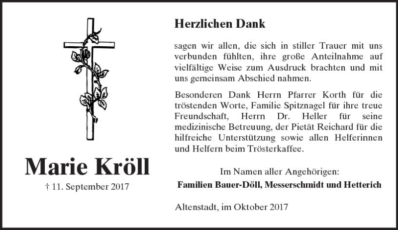  Traueranzeige für Marie Kröll vom 28.10.2017 aus  Kreisanzeiger