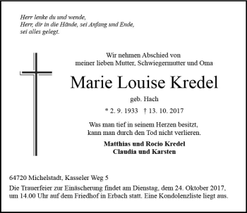 Traueranzeige von Marie Louise Kredel von Trauerportal Echo Online