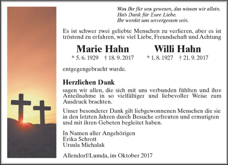  Traueranzeige für Marie und Willi Hahn vom 28.10.2017 aus  Gießener Anzeiger