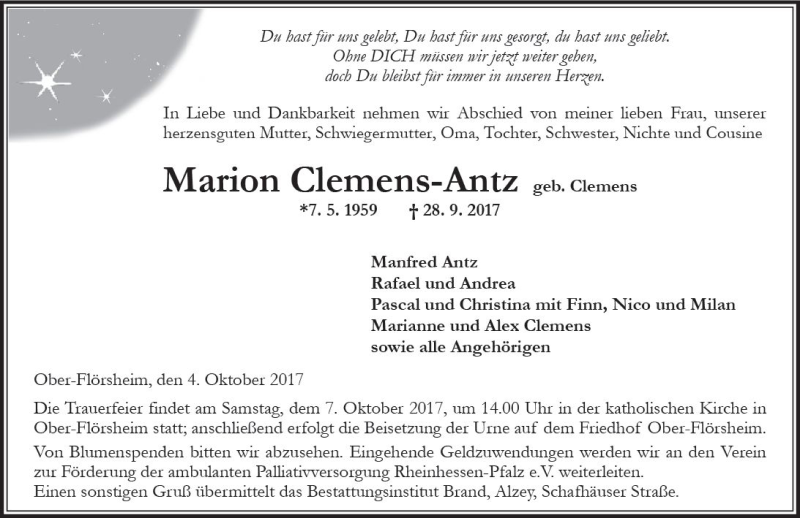  Traueranzeige für Marion Clemens-Antz vom 04.10.2017 aus Trauerportal Rhein Main Presse