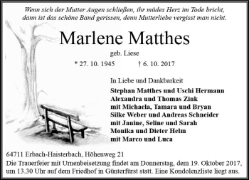 Traueranzeige von Marlene Matthes von Trauerportal Echo Online