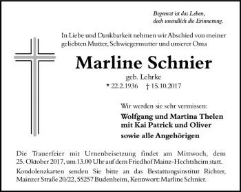 Traueranzeige von Marline Schnier von Trauerportal Rhein Main Presse