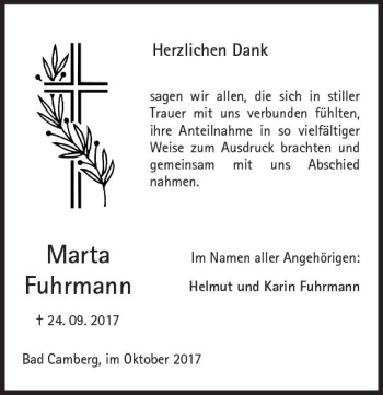 Traueranzeige von Marta Fuhrmann von  Camberger Anzeiger