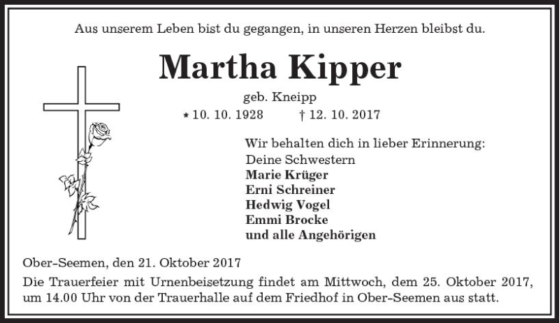  Traueranzeige für Martha Kipper vom 21.10.2017 aus  Kreisanzeiger