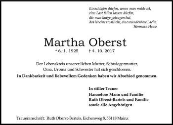 Traueranzeige von Martha Oberst von Trauerportal Rhein Main Presse