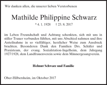 Traueranzeige von Mathilde Philippine Schwarz von Trauerportal Rhein Main Presse