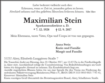 Traueranzeige von Maximilian Stein von Trauerportal Rhein Main Presse