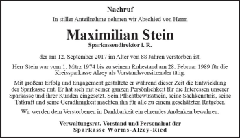 Traueranzeige von Maximilian Stein von Trauerportal Rhein Main Presse