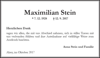 Traueranzeige von Maximilian Stein von Trauerportal Rhein Main Presse