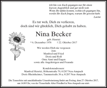 Traueranzeige von Nina Becker von  Usinger Anzeiger