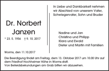 Traueranzeige von Norbert Janzen von Trauerportal Rhein Main Presse