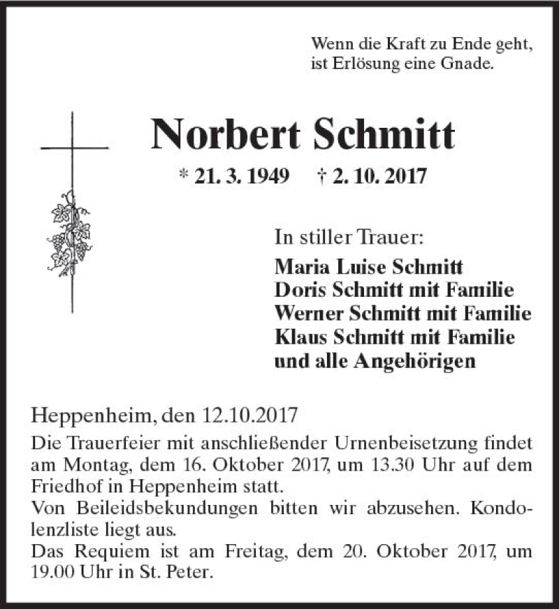  Traueranzeige für Norbert Schmitt vom 12.10.2017 aus Trauerportal Echo Online